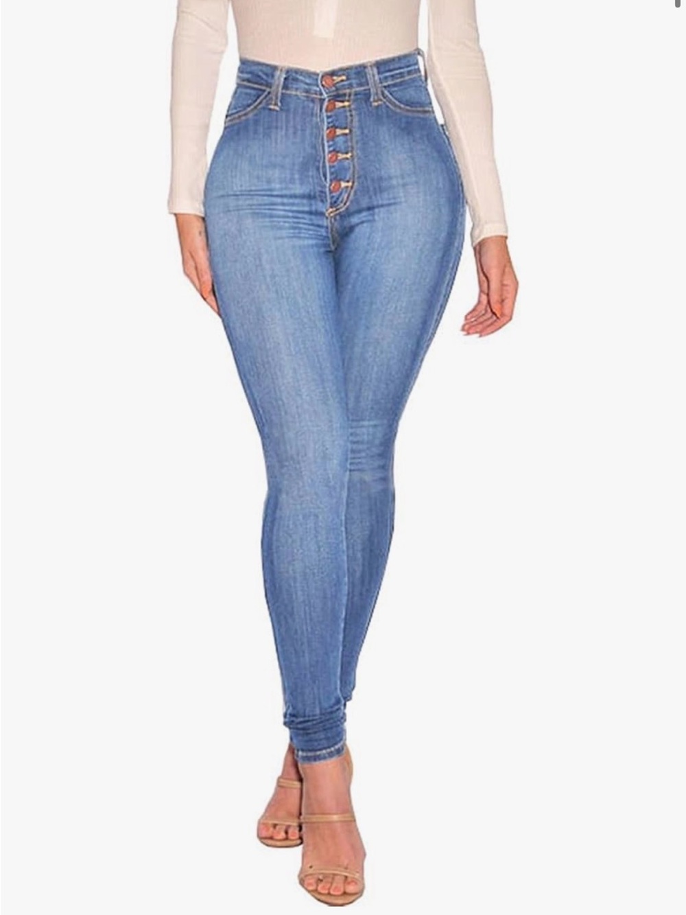 High-Rise Button-Fly Skinny Jeans in Light Blue Denim